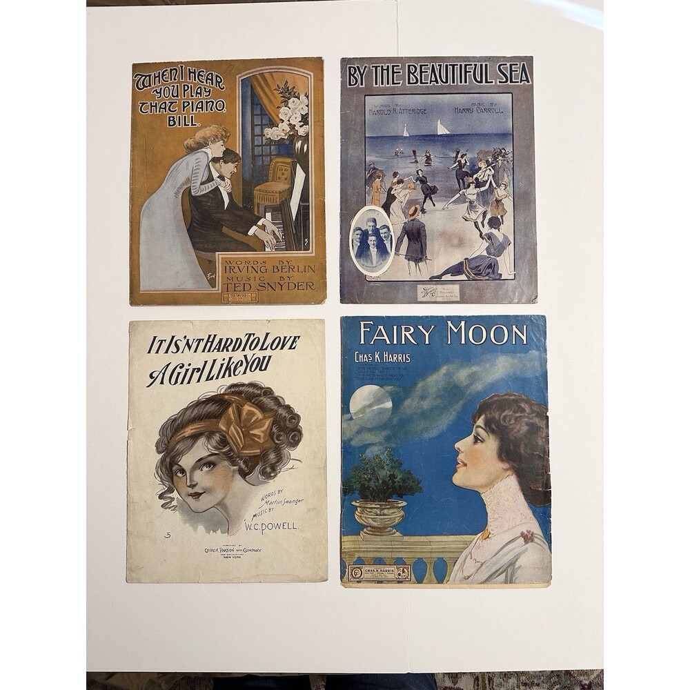 Lot of 4 Colorful 1909-15 Antique Large Sheet Music Art
